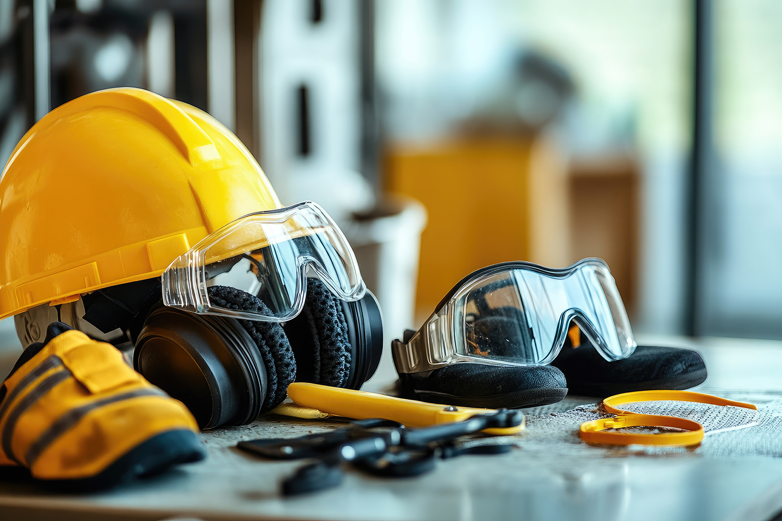 Construction safety gear displayed on a work surface.  Safety helmet, eye protection, ear protection, and work shoes are visible, along with assorted tools